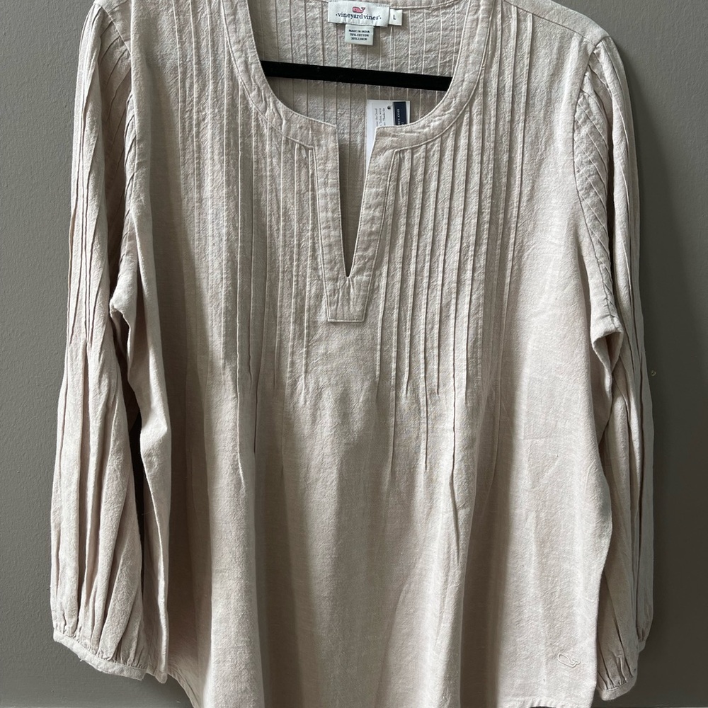 Vineyard Vines Tan Blouse with 3/4 Sleeves and Mandarin Collar